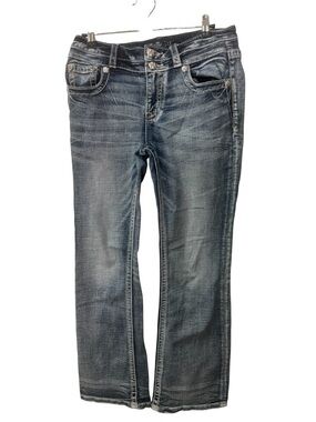 Miss Me mid rise boot cut jeans in a distressed blue wash women size 27